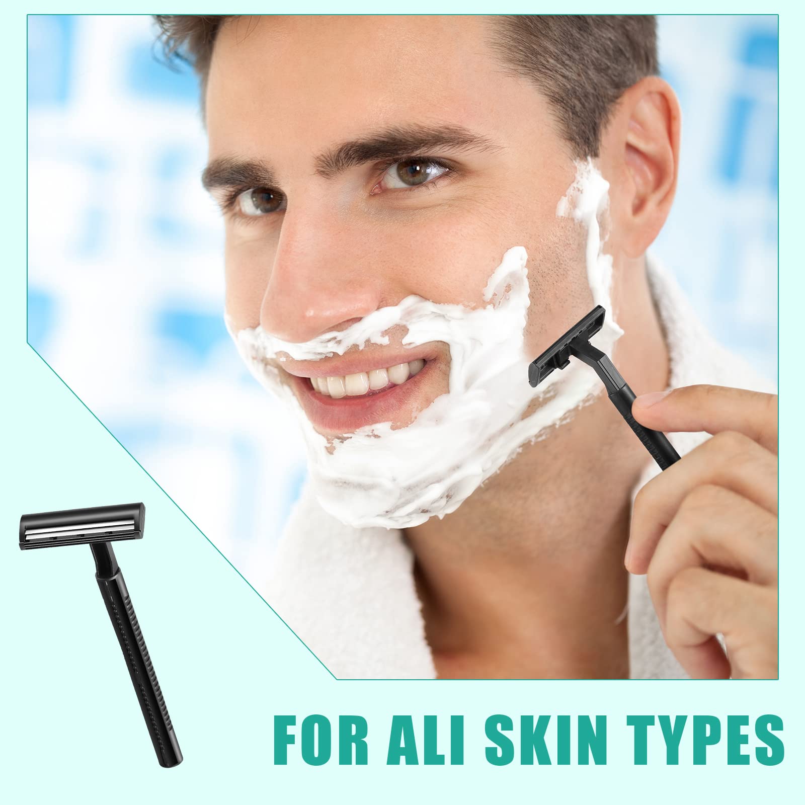 Lasnten disposable razor with long non-slip handle shown for controlled comfortable shave.