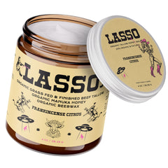 LASSO TALLOW Frankincense Citrus Balm jar showing radiant hydration.