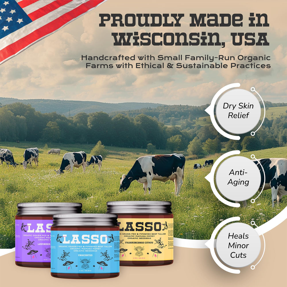 LASSO TALLOW Frankincense Citrus Balm closeup highlights nourishing ingredients.