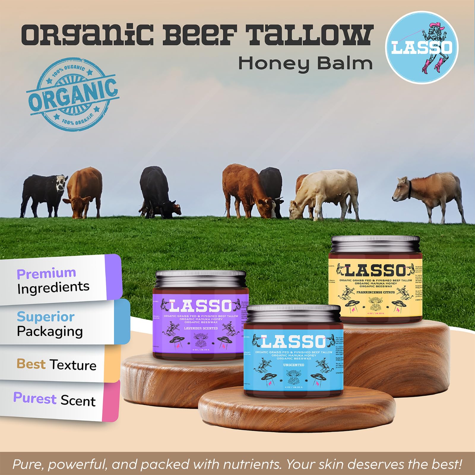 LASSO TALLOW grass-fed tallow from Wisconsin farms signals trusted sourcing.