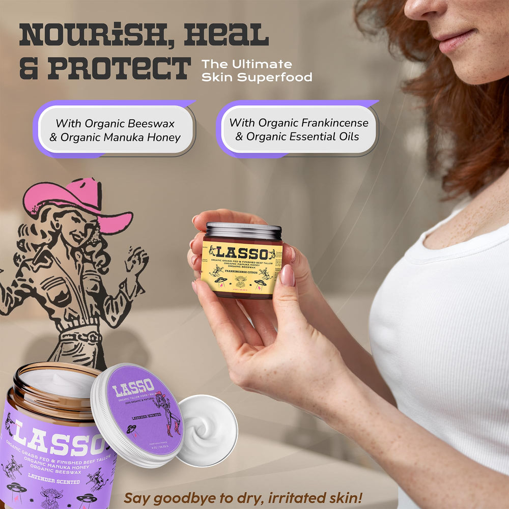 LASSO TALLOW with Manuka honey and beeswax nourishes skin naturally.