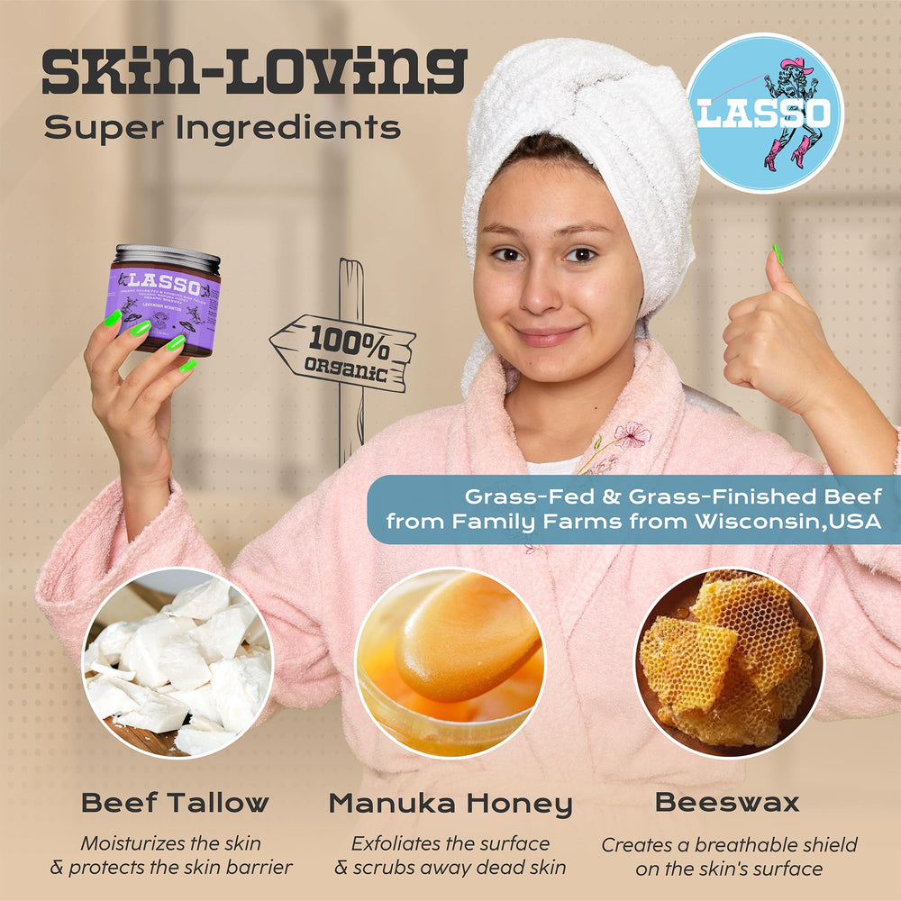 LASSO TALLOW organic beeswax label suggests natural moisture protection.