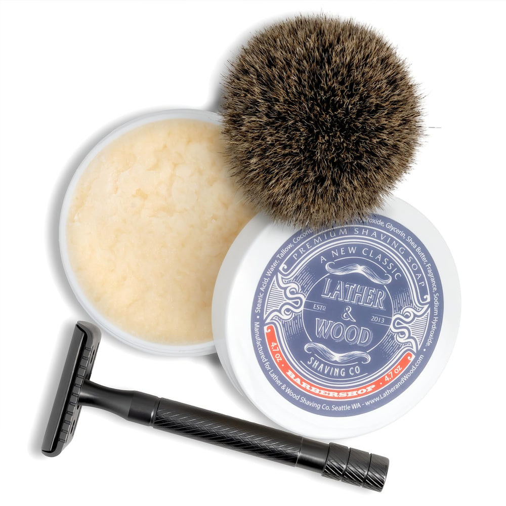 Lather & Wood Barbershop shaving soap macro shot emphasizes classic scent and ritual quality.