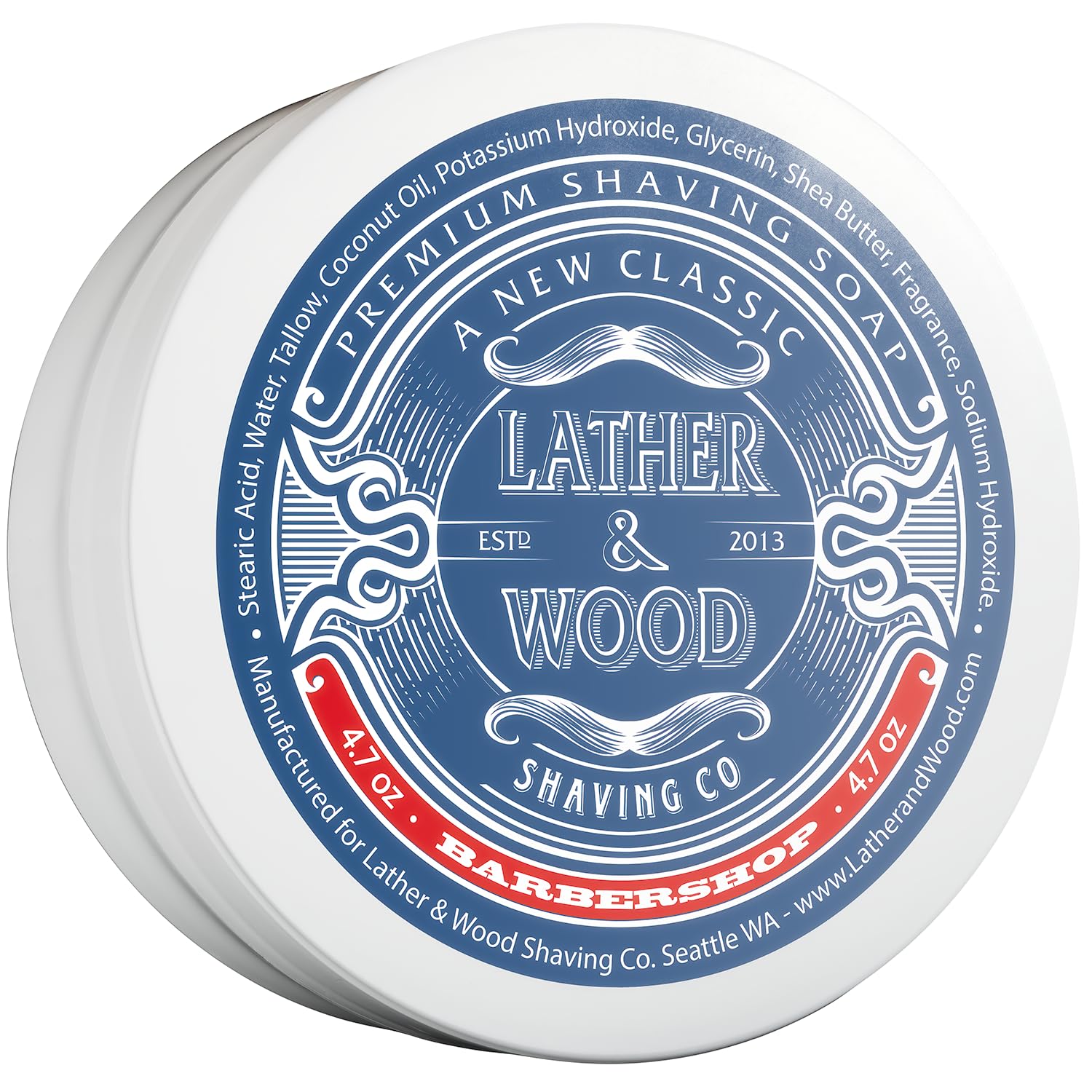 Lather & Wood Barbershop shaving soap jar closeup shows dense lather for a smooth shave.