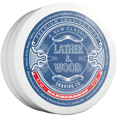 Lather & Wood Barbershop shaving soap jar closeup shows dense lather for a smooth shave.