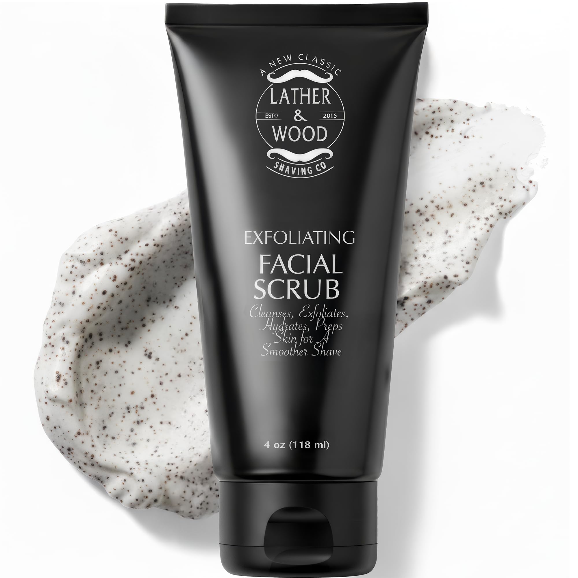 Lather & Wood Face Scrub jar closeup shows natural jojoba bead exfoliation