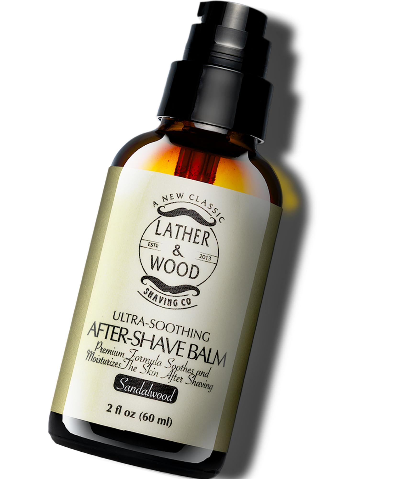 Lather & Wood sandalwood aftershave balm bottle demonstrates calming post-shave care