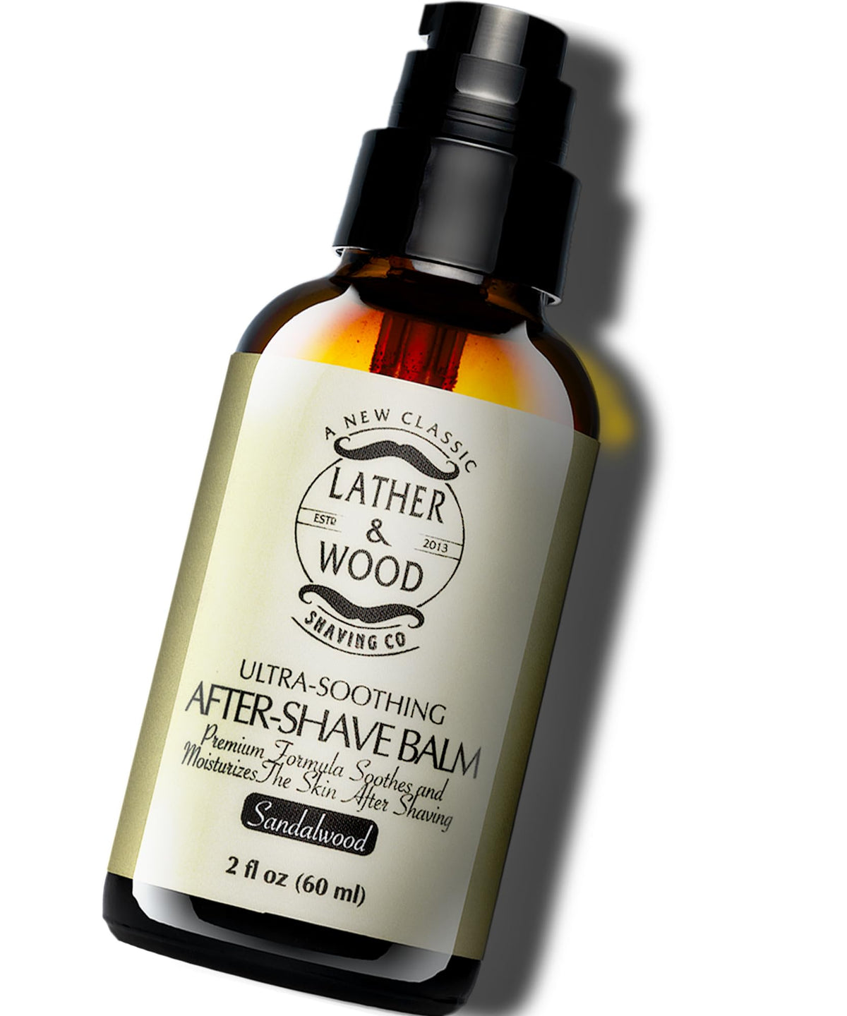 Lather & Wood sandalwood aftershave balm bottle demonstrates calming post-shave care
