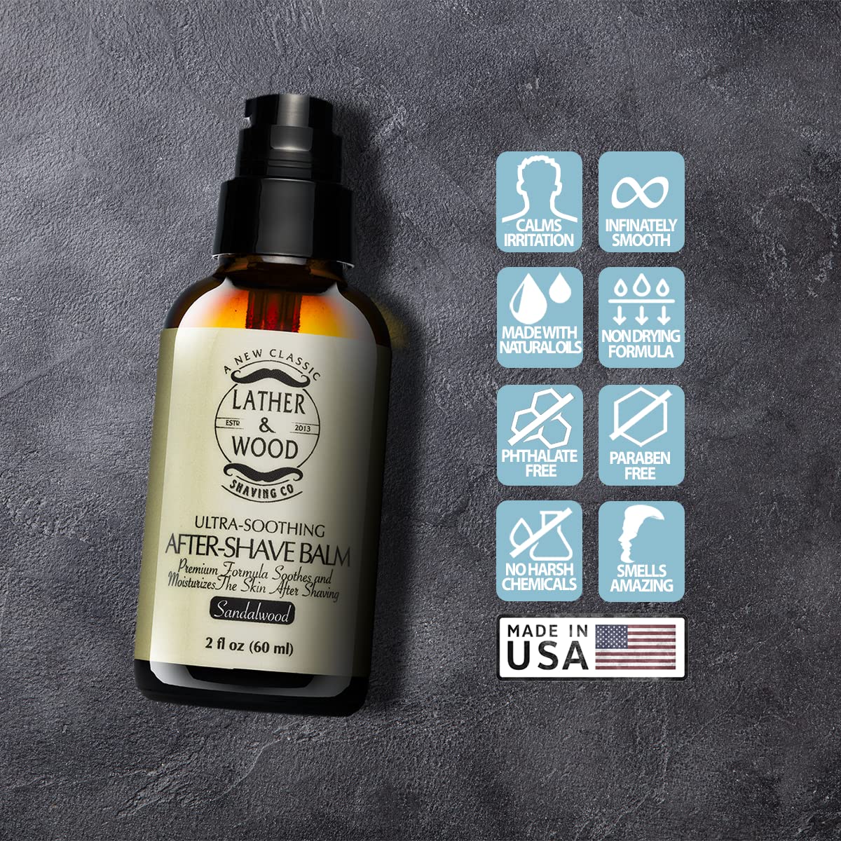 Lather & Wood balm on skin delivers cooling relief after shaving