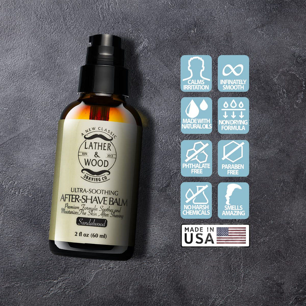 Lather & Wood balm on skin delivers cooling relief after shaving