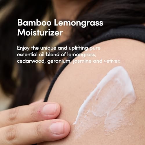 LATHER Bamboo Lemongrass Moisturizer pump closeup shows easy application and premium feel