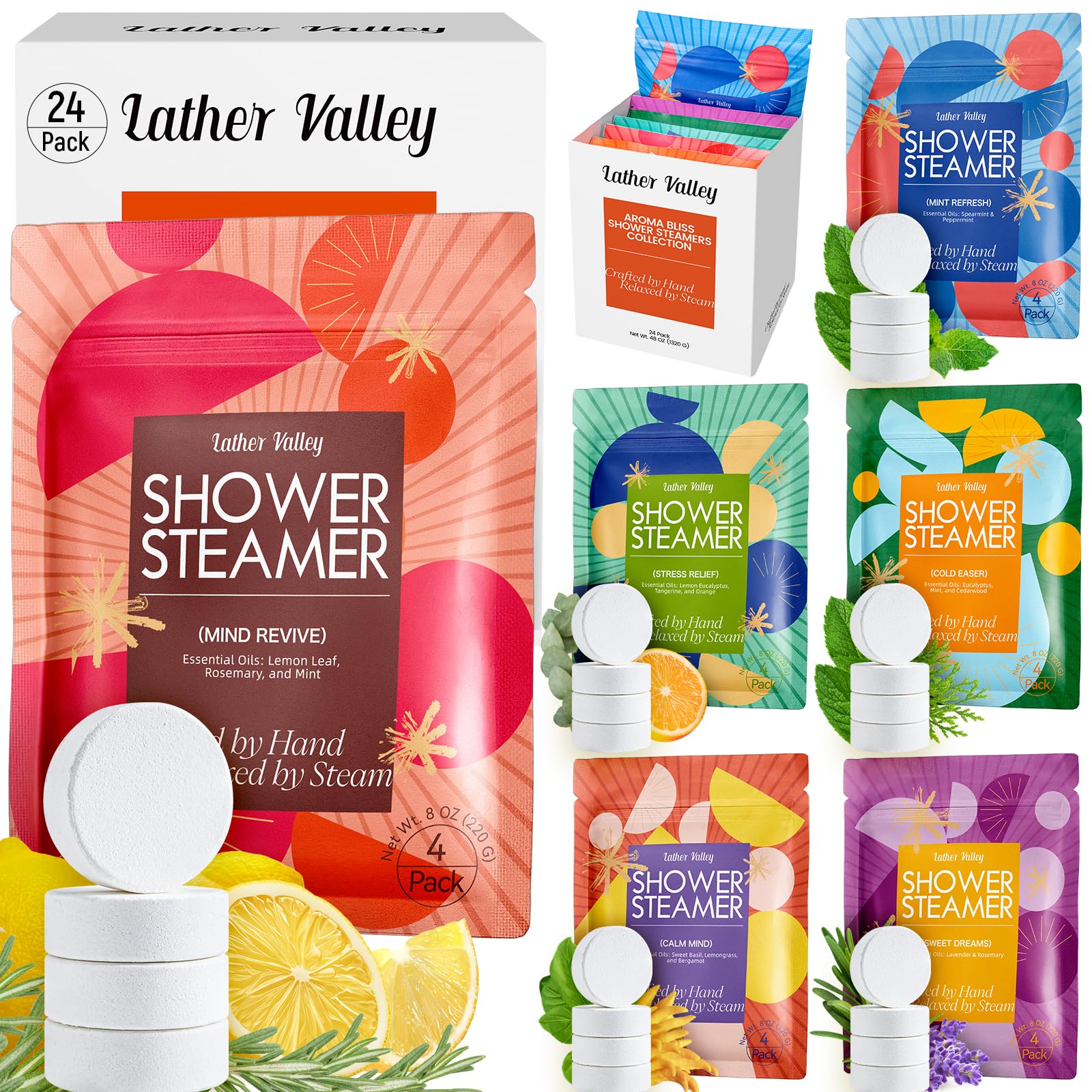 Lather Valley aromatherapy shower steamer lemon-eucalyptus bag delivers uplifting citrus calm for mornings.