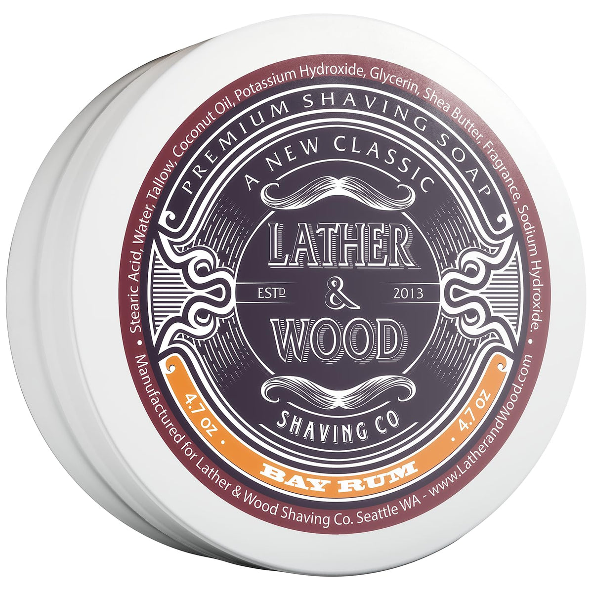 Lather & Wood Bay Rum shaving soap tin close-up highlighting rich lather and inviting scent.