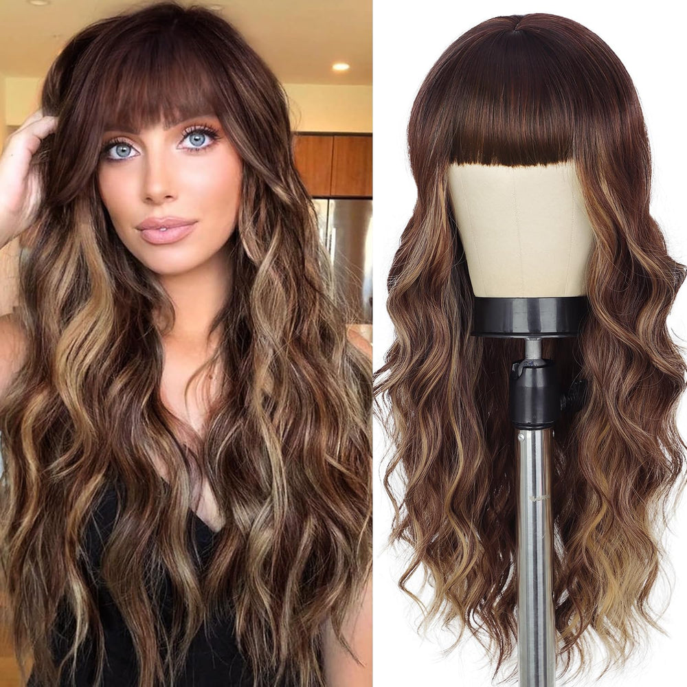 Lativ brown wig with bangs 26in front view shows natural waves for daily wear.