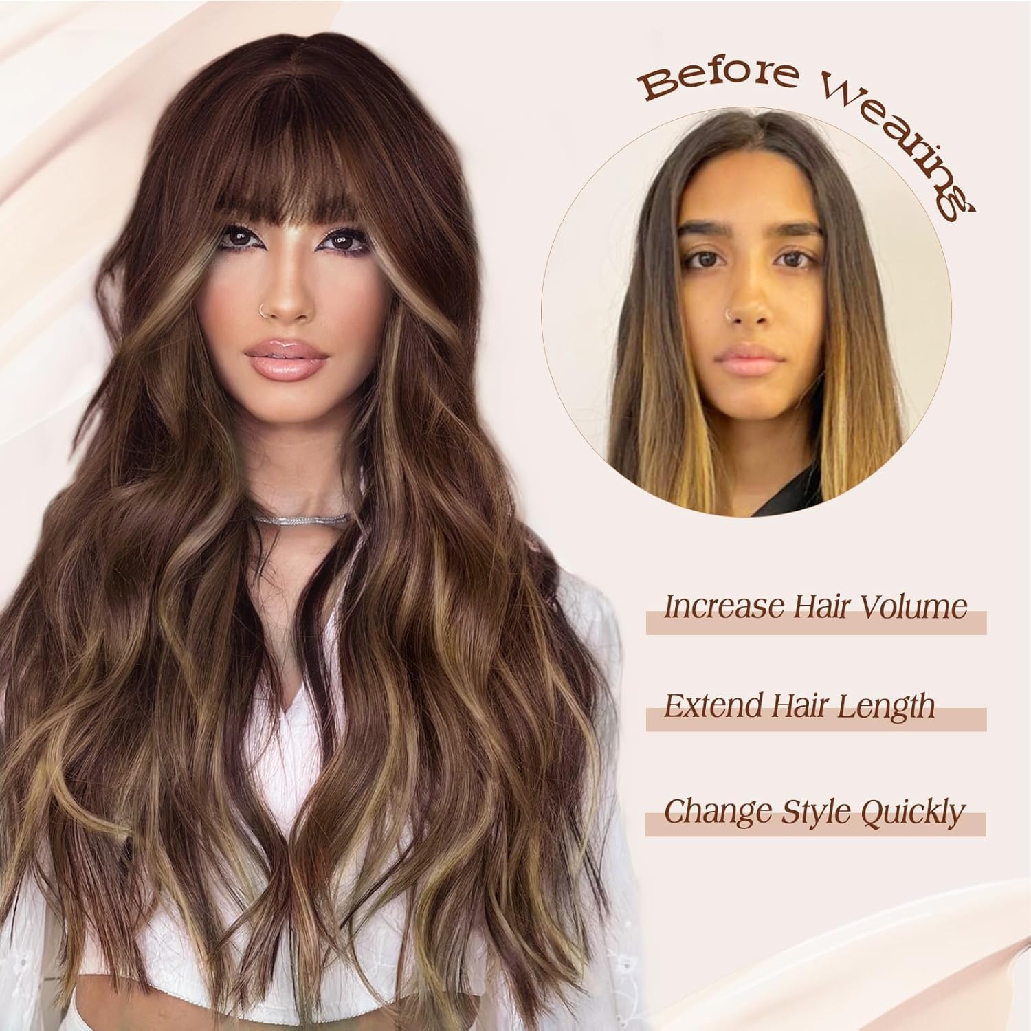Lativ brown wig with bangs 26in natural curls on-model showcases versatile look.