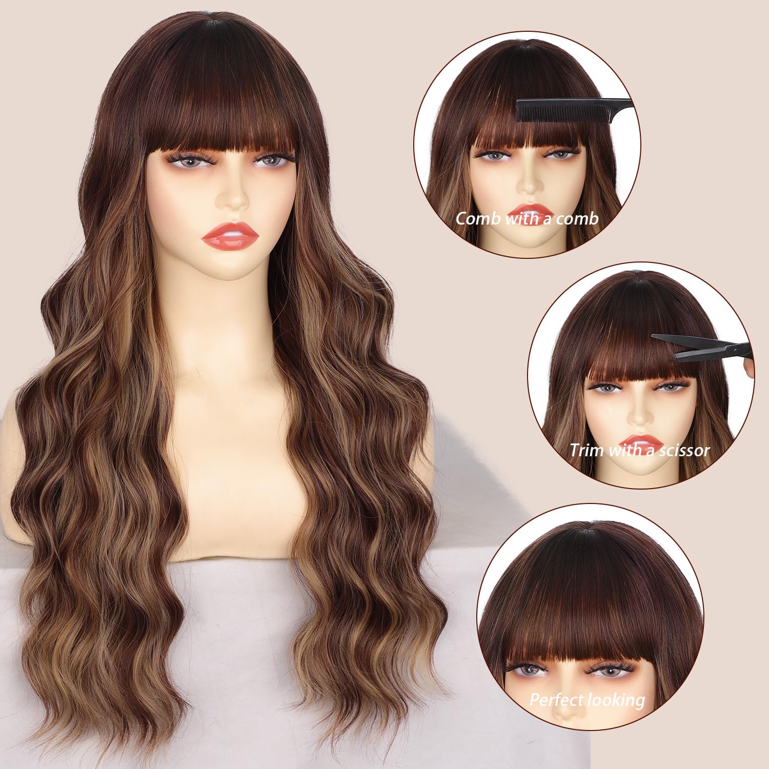 Lativ brown wig with bangs 26in ombre highlights view reveals color depth and realism.