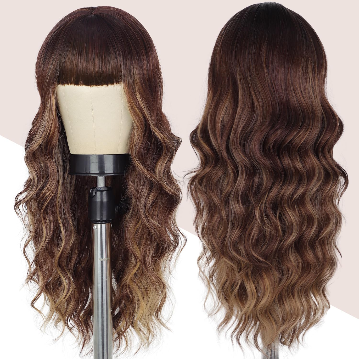 Lativ brown wig with bangs 26in side view demonstrates volume for parties.