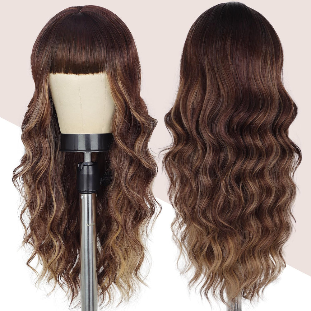 Lativ brown wig with bangs 26in side view demonstrates volume for parties.