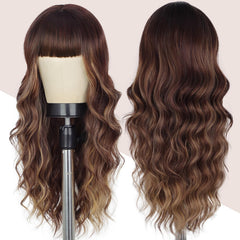 Lativ brown wig with bangs 26in side view demonstrates volume for parties.