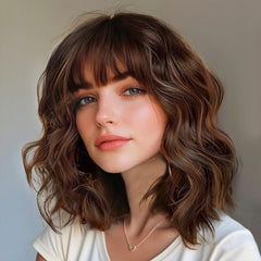 Lativ brown wig with bangs bob front view for natural daily wear.