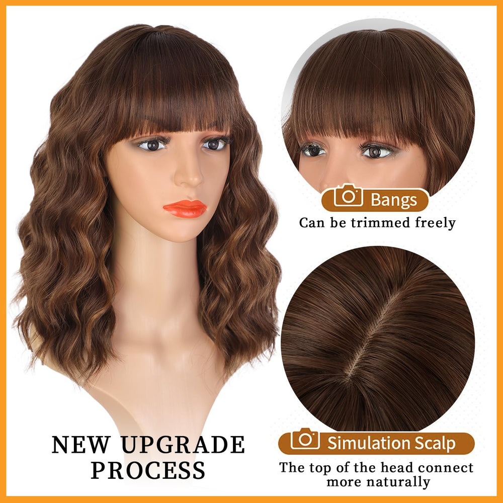 Lativ brown wig with bangs bob top view ready for cosplay and everyday looks.
