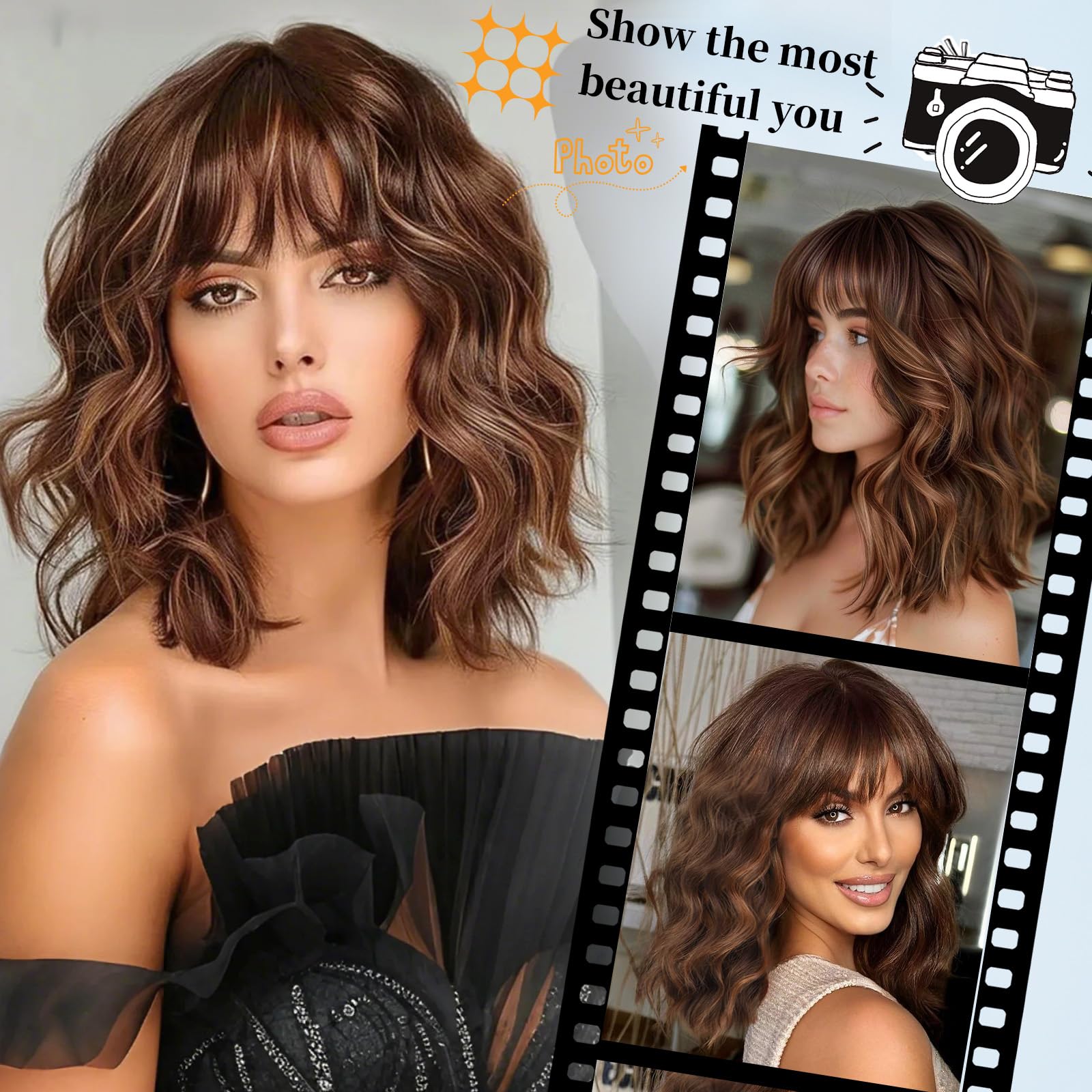 Lativ brown wig with bangs during styling session for easy wear.