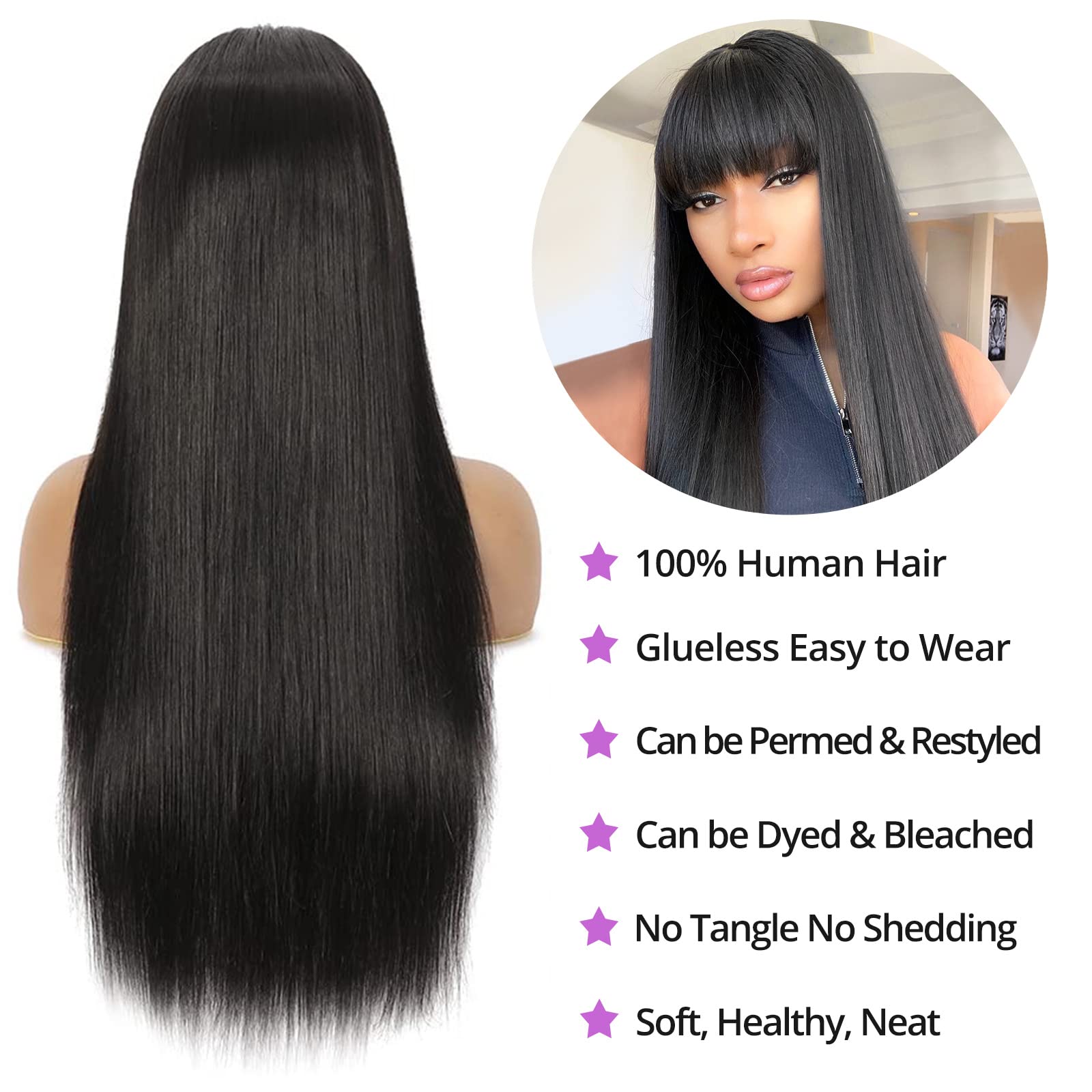 Lativ straight wigs with bangs 20in closeup showing natural fringe detail
