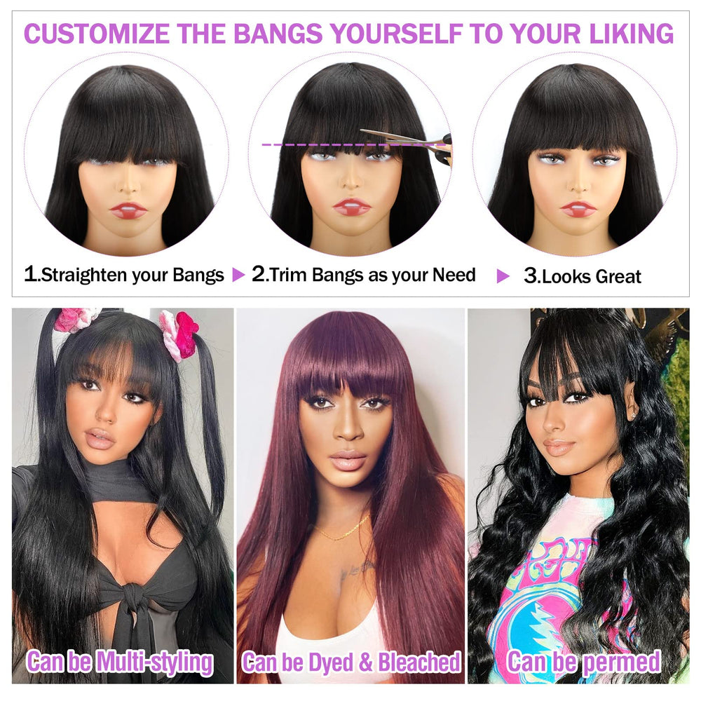 Lativ straight wigs with bangs cap construction with breathable net and straps