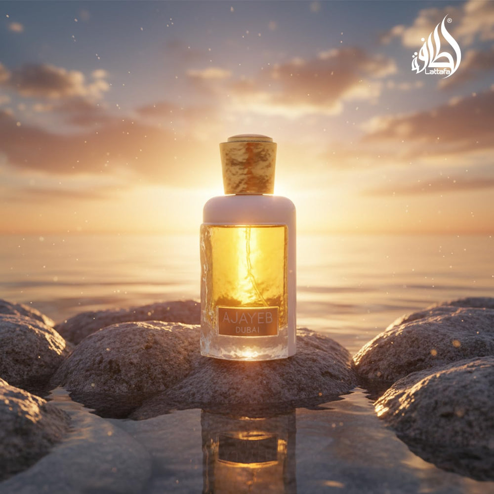 Lattafa Ajayeb Dubai Portrait bottom view shows sandalwood, amber and musk base.