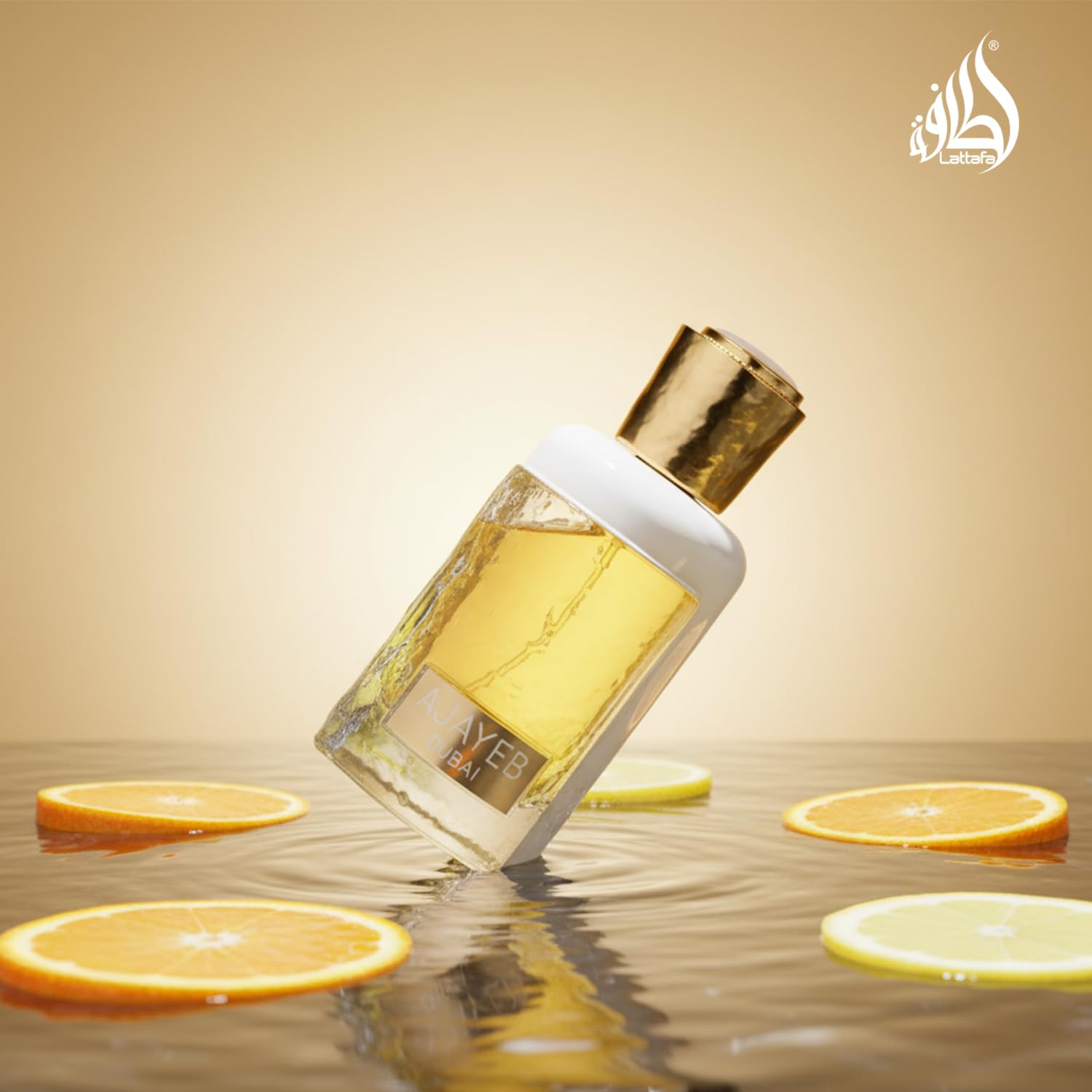 Lattafa Ajayeb Dubai Portrait label close-up with citrus opening notes.