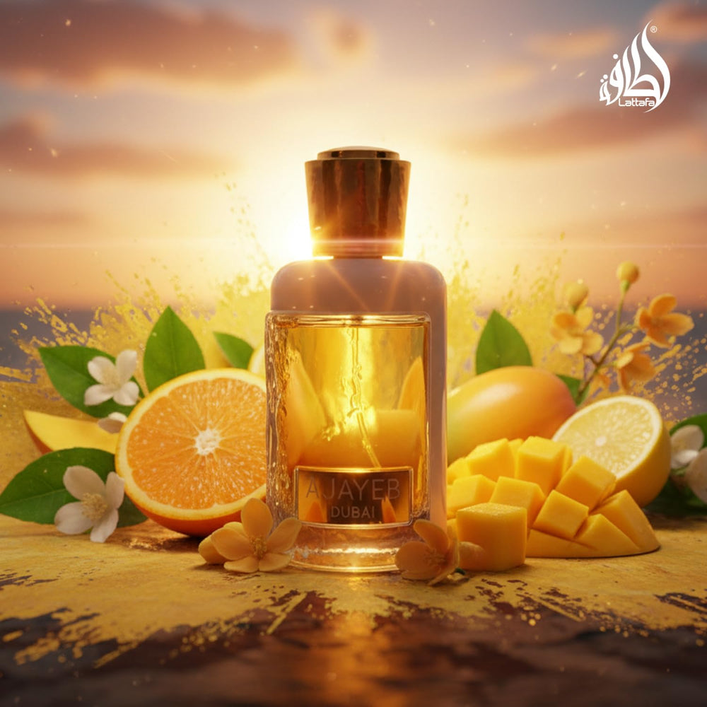 Lattafa Ajayeb Dubai Portrait packaging and bottle preview, ideal for gifting.