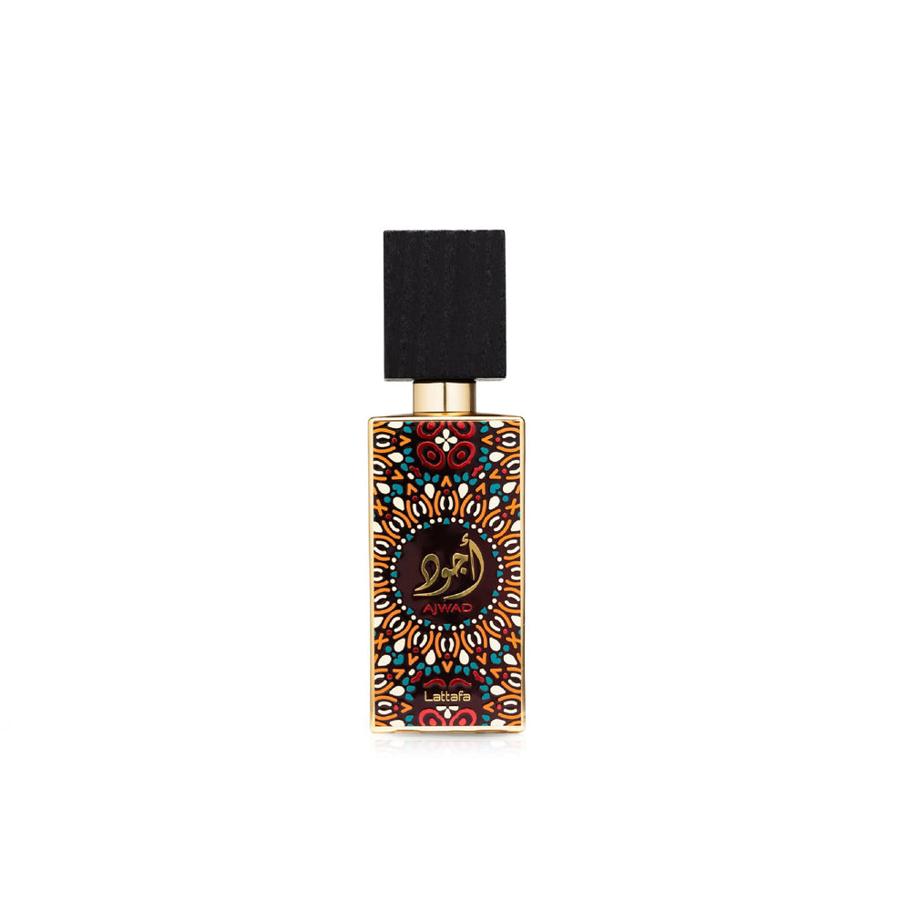 Lattafa Ajwad bottle front, premium unisex fragrance design for daily elegance.