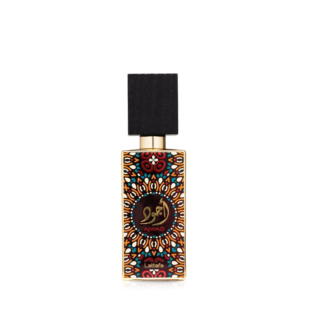 Lattafa Ajwad bottle front view shows woody-amber scent for everyday wear.