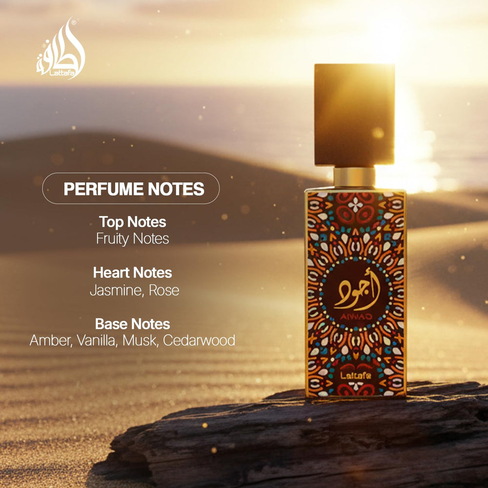 Lattafa Ajwad bottle side, compact travel-ready presentation for on-the-go scent.