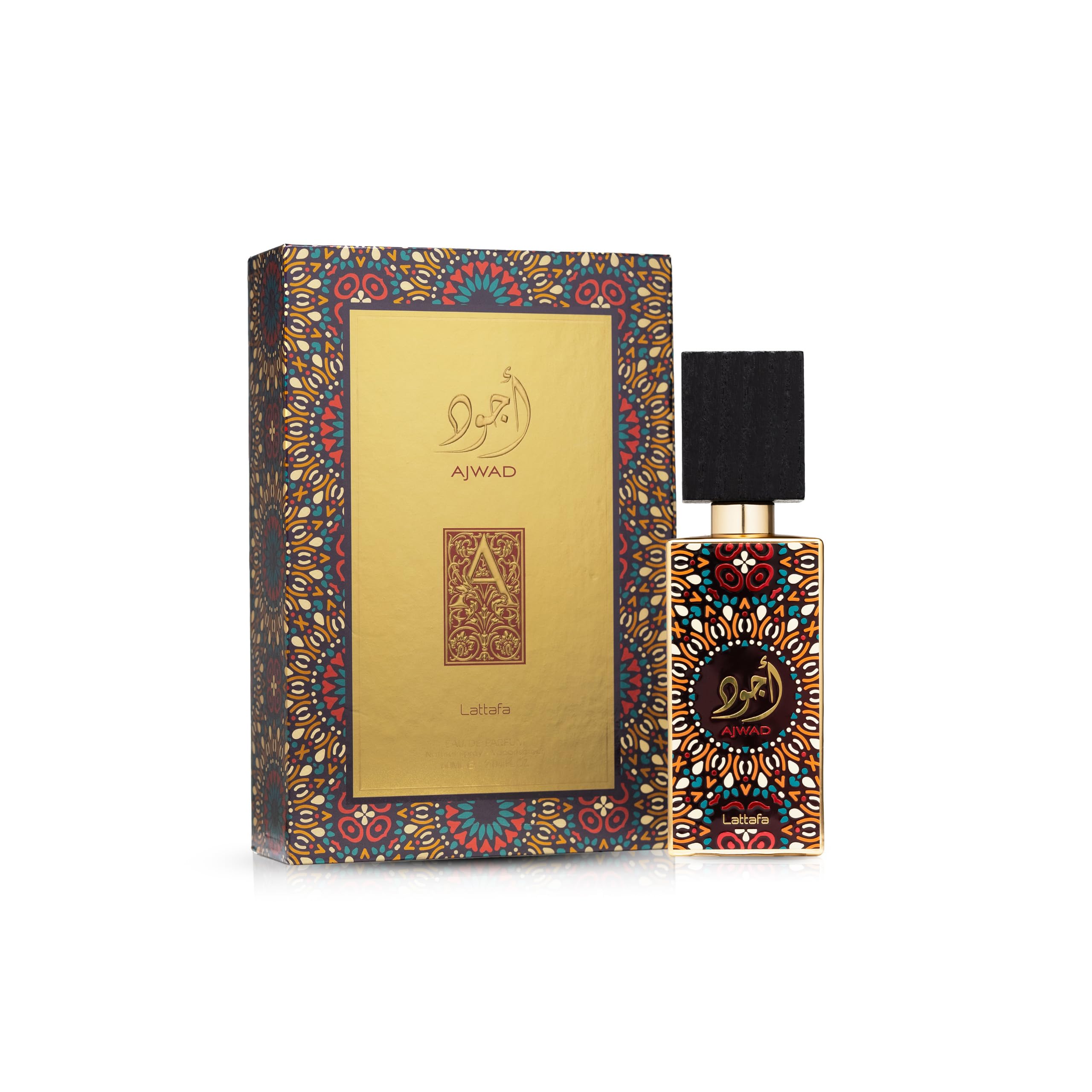 Lattafa Ajwad heart-notes graphic, jasmine and rose add floral warmth.
