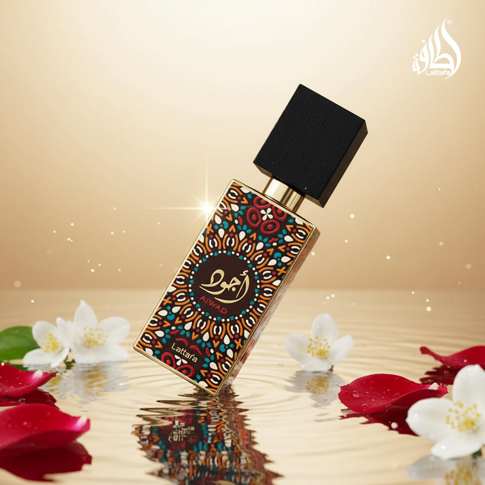 Lattafa Ajwad rose-jasmine-cedar view, balanced floral-musky character.