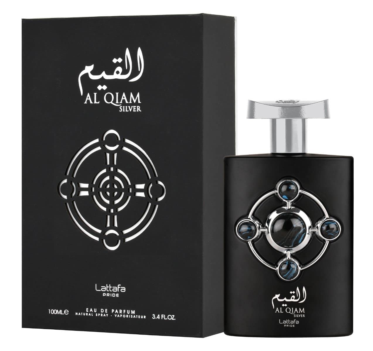 Lattafa Al Qiam Silver packaging box close-up, perfect for gifting.