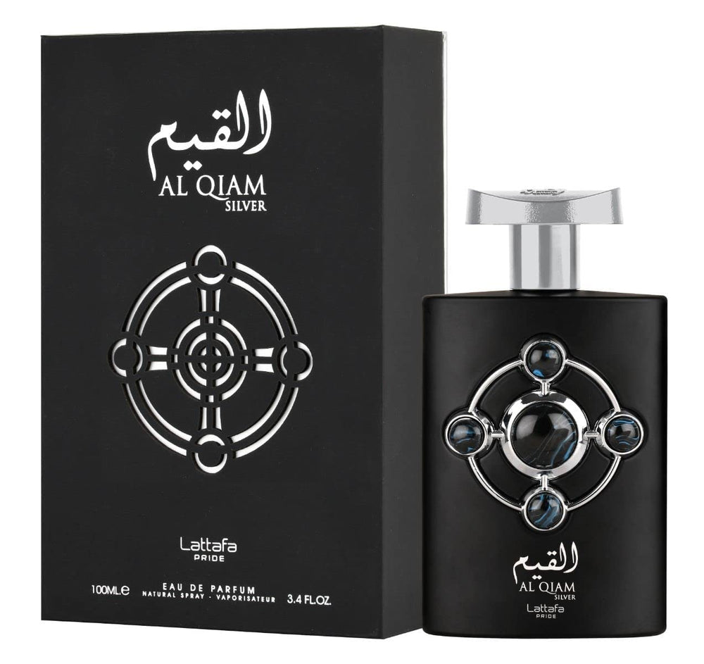 Lattafa Al Qiam Silver packaging box close-up, perfect for gifting.