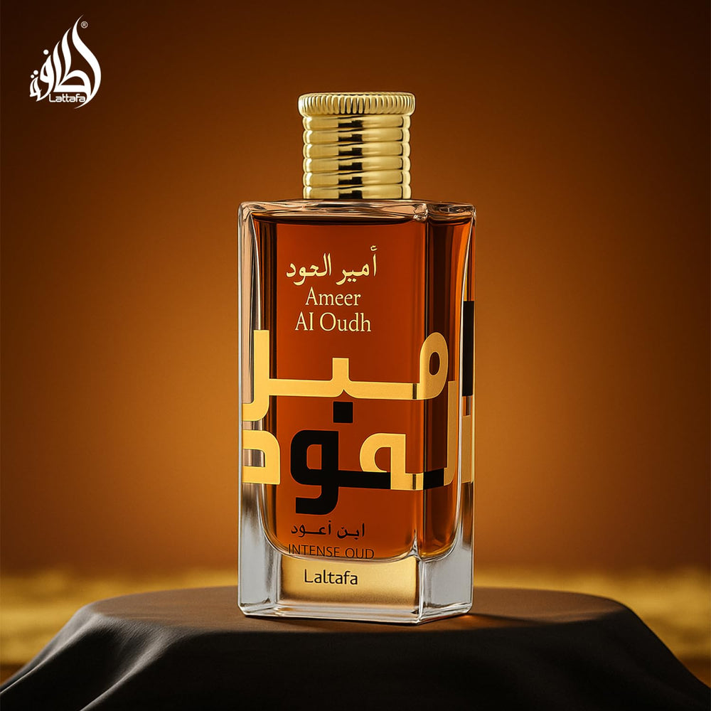 Lattafa Ameer Al Oud Intense ambient shot evokes smoky, premium mood