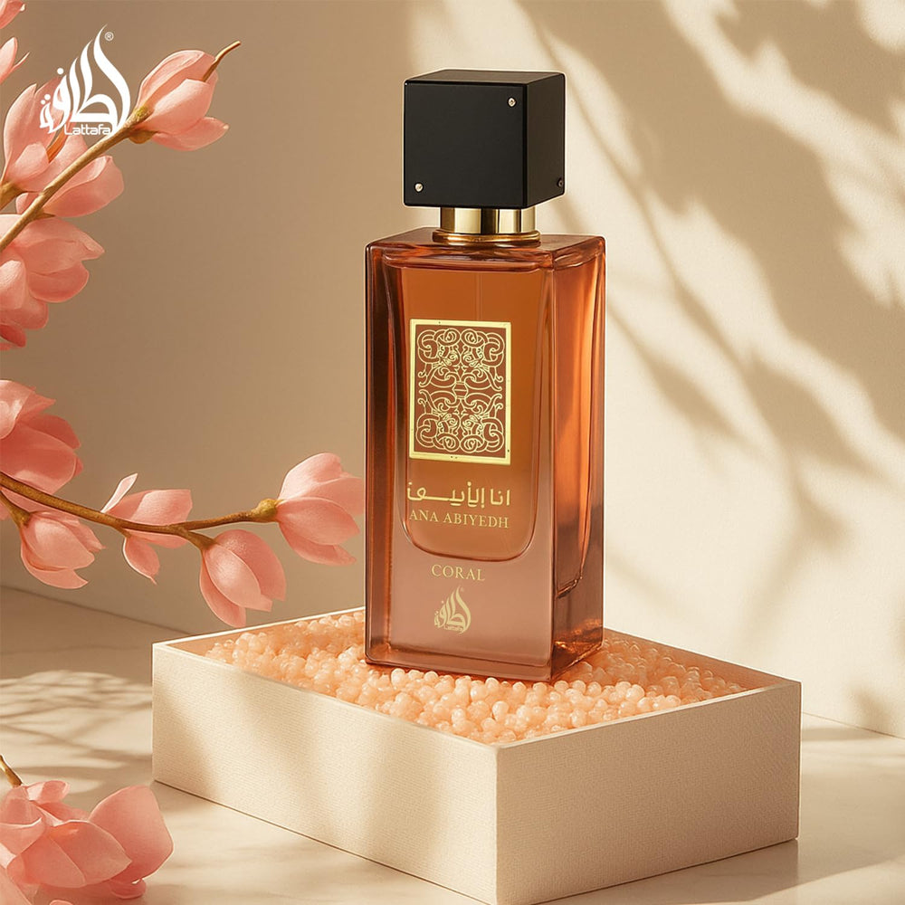 Lattafa Ana Abiyedh Coral packaging box ready for gifting.
