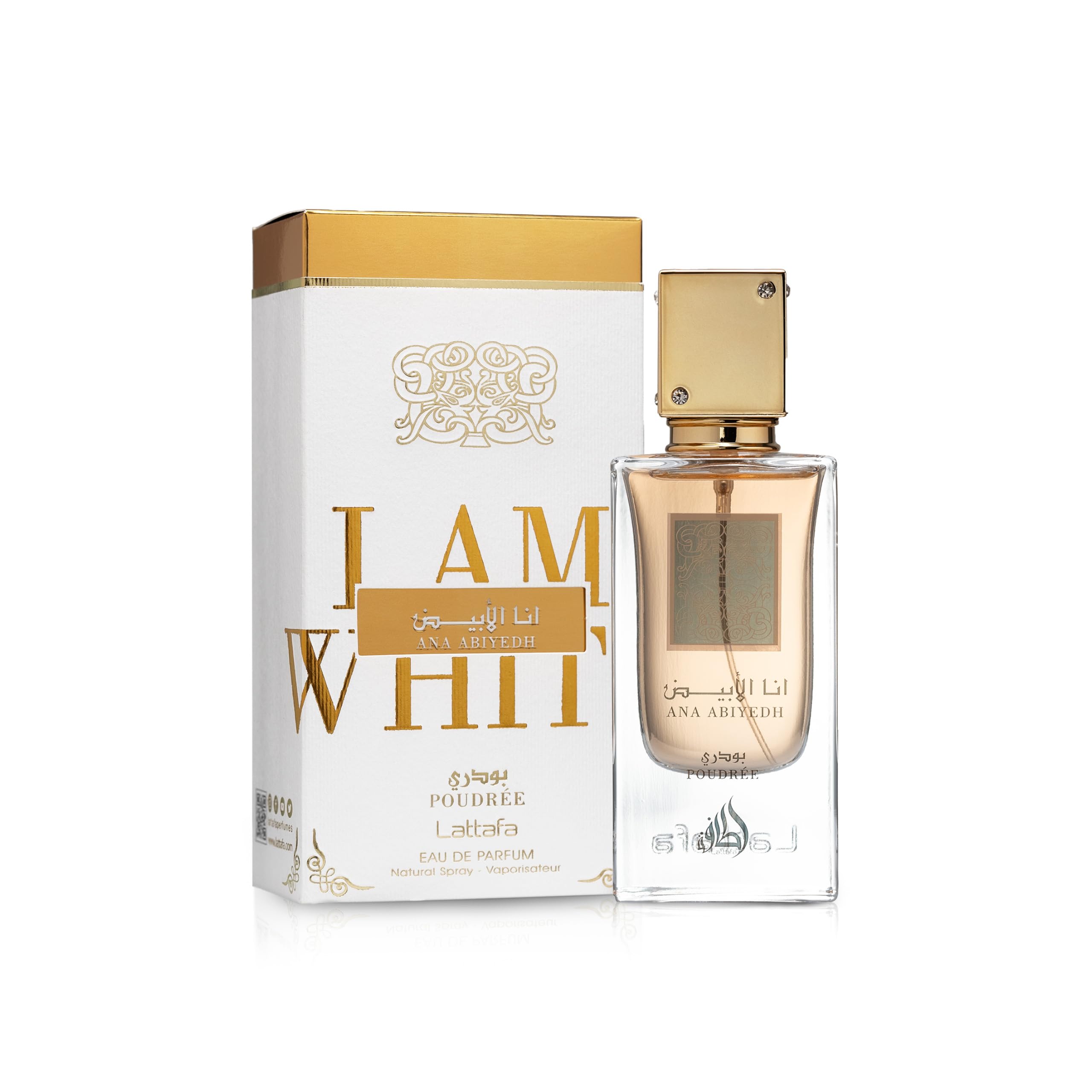 Lattafa Ana Abiyedh Poudree musk core adds intimate warmth.