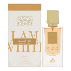 Lattafa Ana Abiyedh Poudree vanilla-tonka notes evoke comforting warmth.