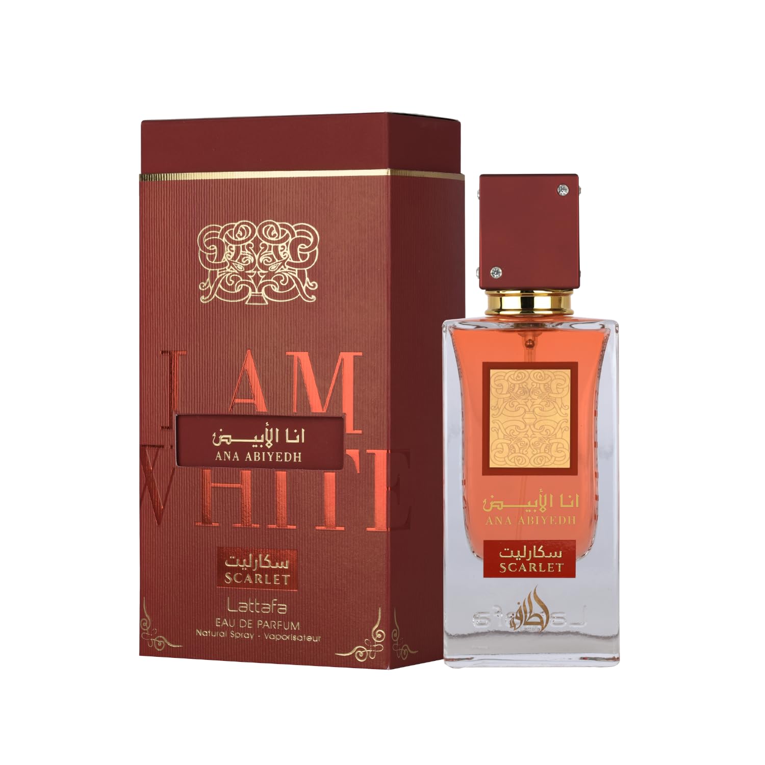 Lattafa Ana Abiyedh Scarlet bottle front view for day-to-night wear