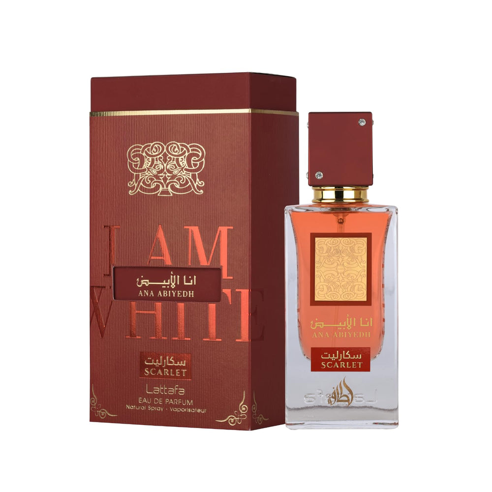 Lattafa Ana Abiyedh Scarlet bottle front view for day-to-night wear