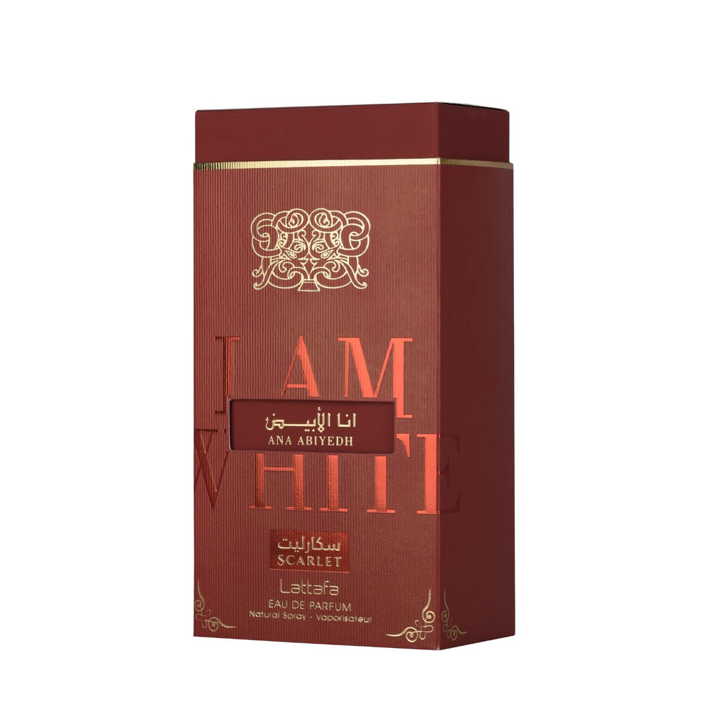 Lattafa Ana Abiyedh Scarlet packaging box, elegant gift-worthy presentation