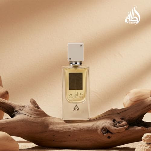 Lattafa Ana Abiyedh woody musk base image suggests lasting aroma for evenings.