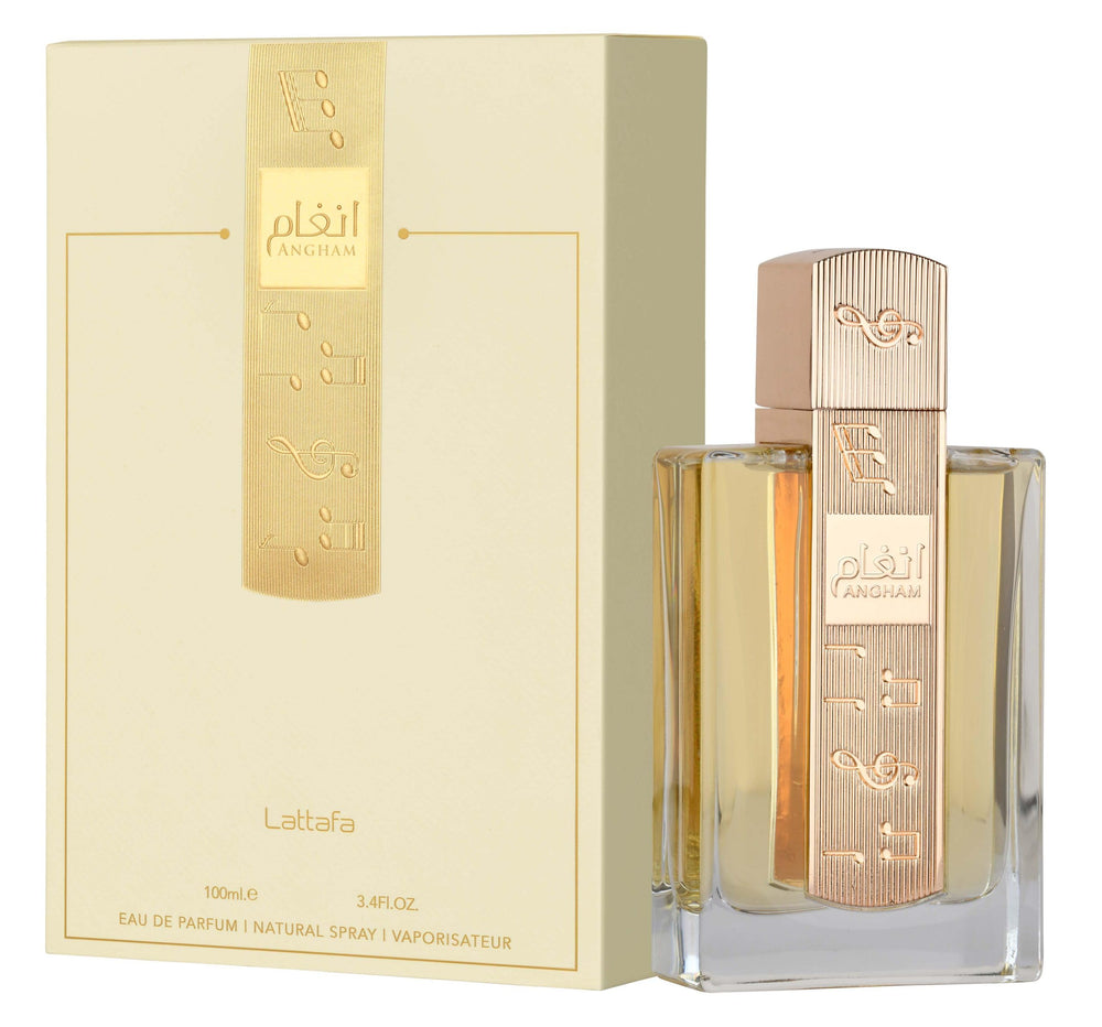 Lattafa Angham base notes musk, amber, vanilla provide lasting warmth.