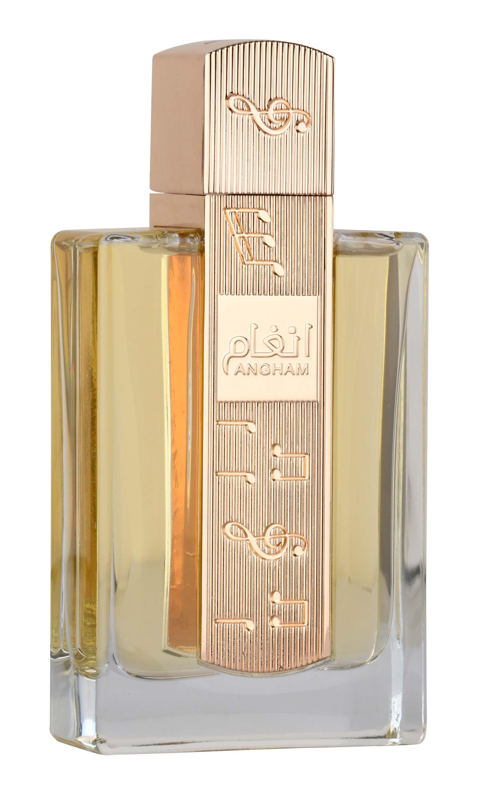 Lattafa Angham bottle close-up highlighting citrus and musk notes for daily wear.