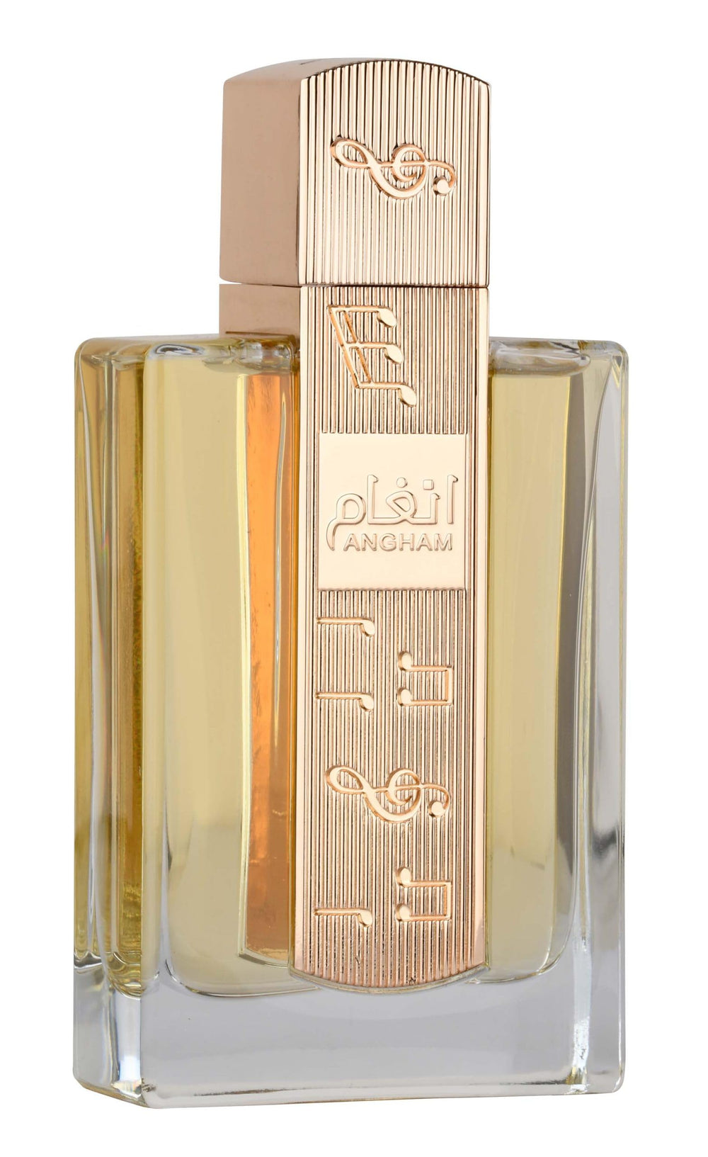 Lattafa Angham bottle close-up highlighting citrus and musk notes for daily wear.