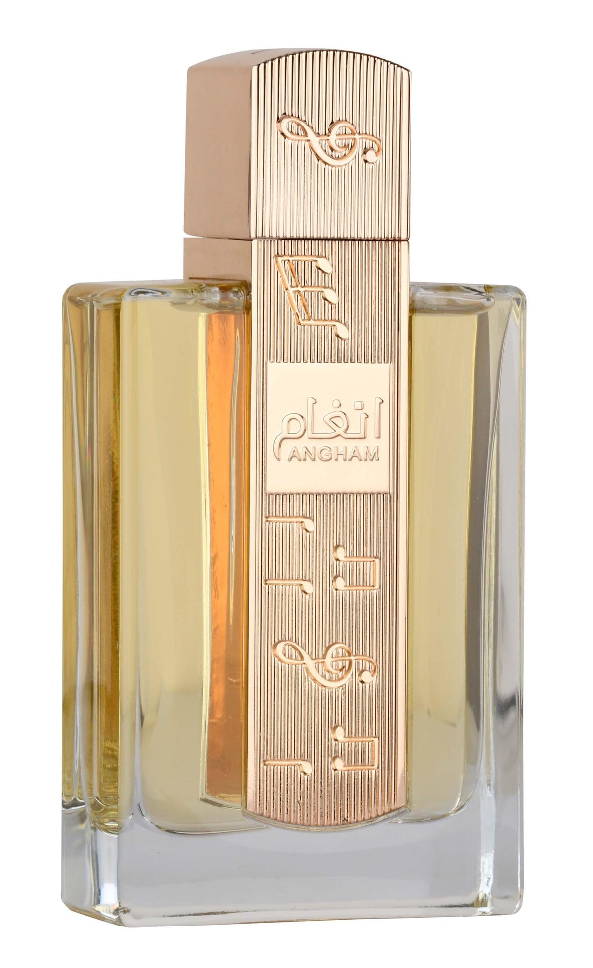 Lattafa Angham bottle close-up highlighting citrus and musk notes for daily wear.